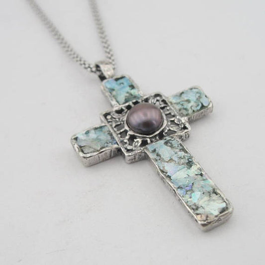 Hadar Designer NEW 925 Sterling Silver Pearl Roman Glass Cross Pendant