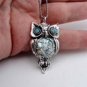 Hadar Designers Handmade Sterling Silver Roman Glass Opal Owl Pendant Gift for Her