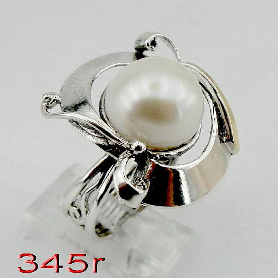 Great handcrafted Sterling Silverang gold 9K long Pearl ring, ,gift (ms 345r)