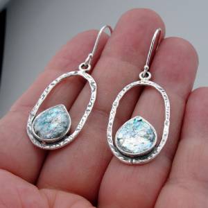 Hadar Designers 925 Sterling Silver Roman Glass Handmade Earrings
