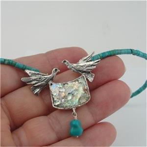 Hadar Designer Handmade Sterling Silver Roman Glass Turquoise Bird Necklace