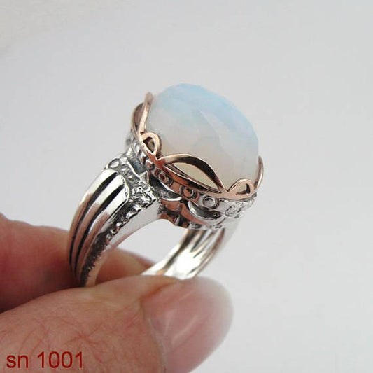 Israel Sterling Silver and gold 9K 925 Women Ring with Opalite Stones , Valentine gift (sn 1001)