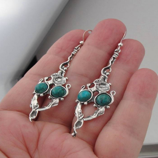 Hadar Designers Handmade Long Dangle 925 Sterling Silver Turquoise Earrings