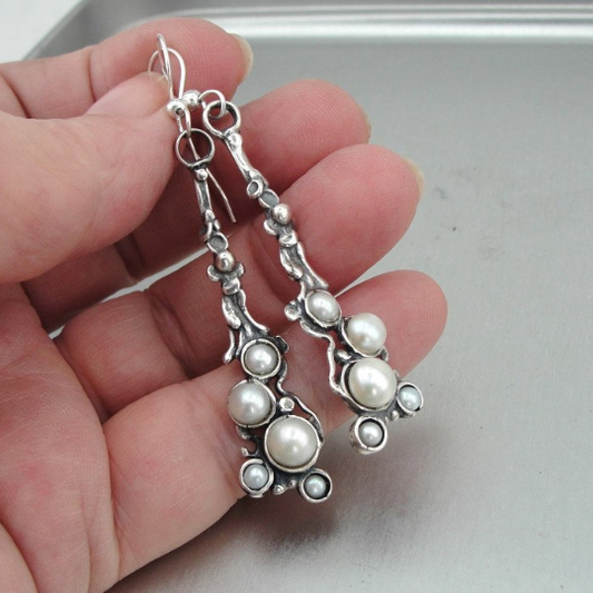 Hadar Jewelry Handmade Artistic Long Sterling Silver Pearl Earrings