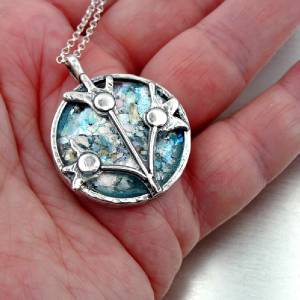 Hadar Designers Handmade Sterling Silver Roman Glass Floral Pendant Old School Israeli Jewelry