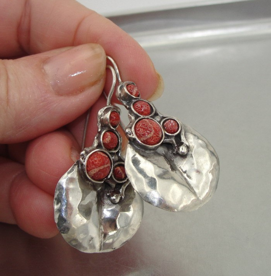 Hadar Jewelry Long Pomegranate Silver Earrings with Coral Gemstone