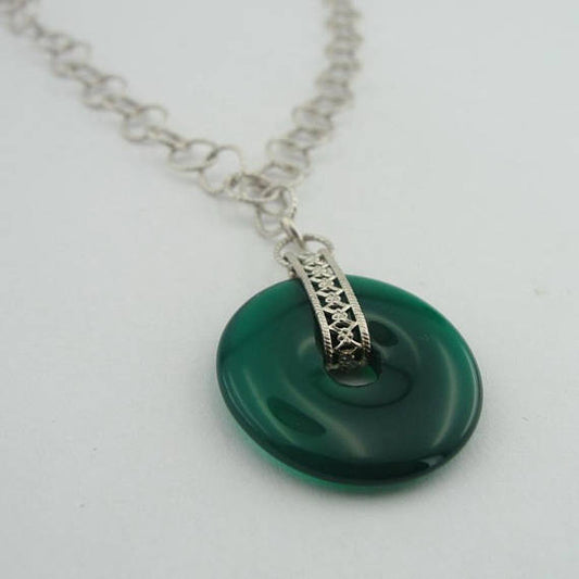 Handcrafted 925 Sterling Silver Green Agate Pendent, Green Agate Necklace, Green stone Pendant, Round Donat Pendant, Free Shipping (H 400