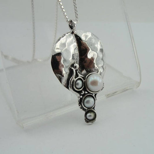 Hadar Designers White Pearl Pendant 925 Sterling Silver Handmade Art