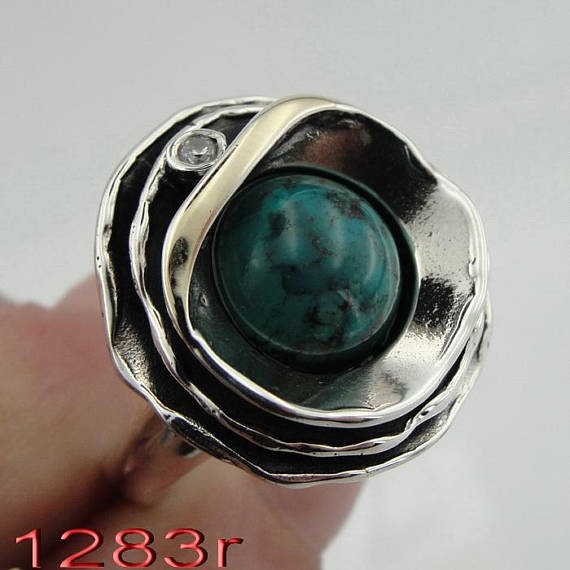 EILAT Ring, Hadar Jewelry Handcrafted Israel Art 925 Sterling Silver and 9K Yellow Gold eilat Ring, green eilat, Gift (ms 1283r