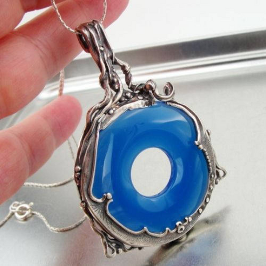Hadar Designers Blue Agate Pendent Handmade Large Sterling Silver