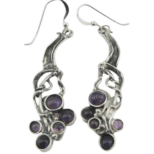 925 Silver Garnet Earrings, Hadar NEW Israel Long Sterling Silver Amethyst Earrings, Long Silver Earrings, Amethyst Earrings, (H 2103)
