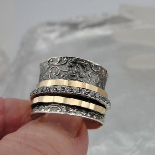 Hadar Designer Handmade Swivel 9k Yellow Gold 925 Silver Zircon Ring