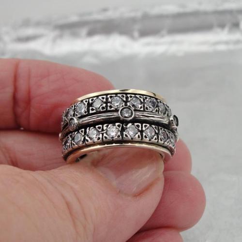 Hadar Designers Swivel 9k Yellow Gold 925 Silver Zircon Ring size 6.5,7,8,9, (SN