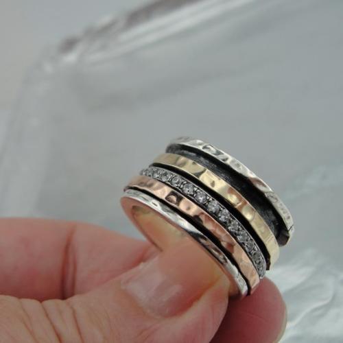 Hadar Designers Swivel 9k Gold Sterling Silver Zircon Ring