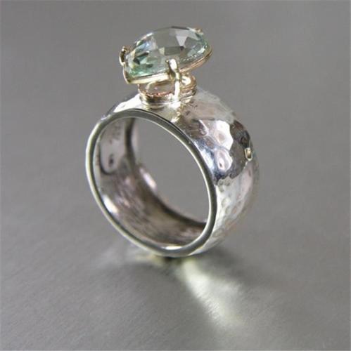 Hadar Designers 9k Gold 925 Silver Green Amethyst Ring Birthstone Ring Fine Israeli Jewelry