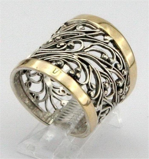 Hadar Jewelry Filigree 9k Gold Sterling Silver Ring any size (S r11300)