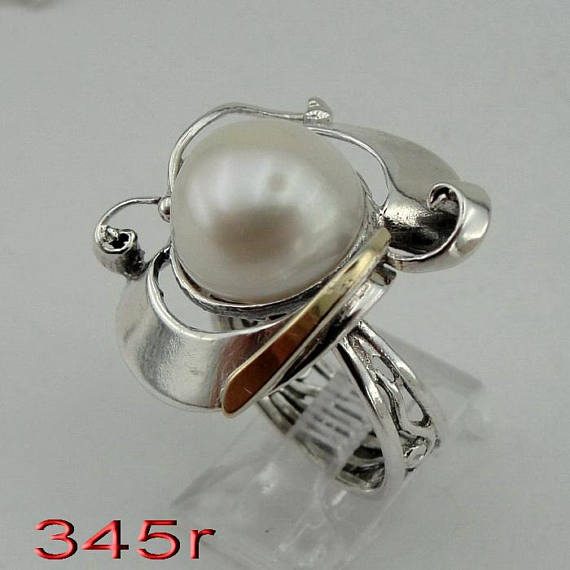 Great handcrafted Sterling Silverang gold 9K long Pearl ring, ,gift (ms 345r)