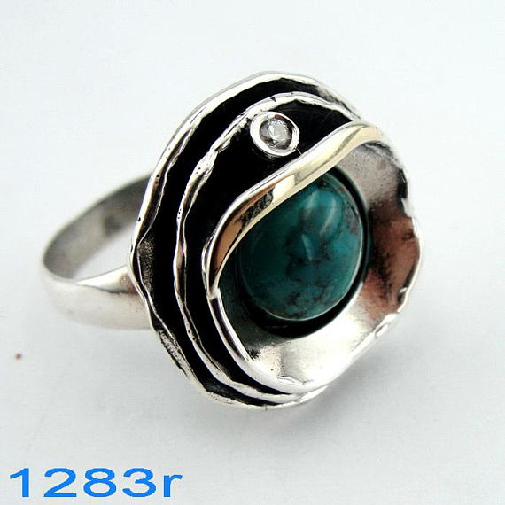 EILAT Ring, Hadar Jewelry Handcrafted Israel Art 925 Sterling Silver and 9K Yellow Gold eilat Ring, green eilat, Gift (ms 1283r