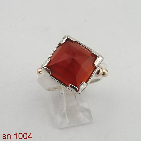 Israel handmade unique 925 Sterling Silver squer cornelian stone and Point 9k gold woman Ring size 8 (sn 1004)