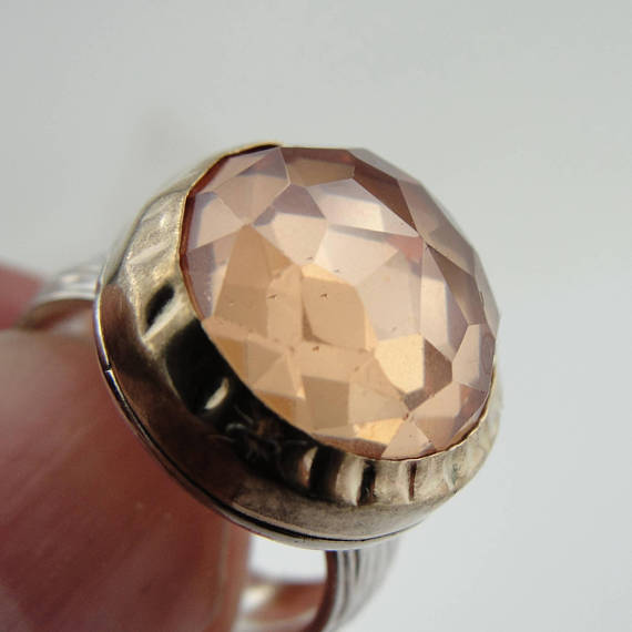 Champaign Ring Handmade 925 and 9K Gold Sterling Silver Round Champaign Ring Gift for Israeli Wife
