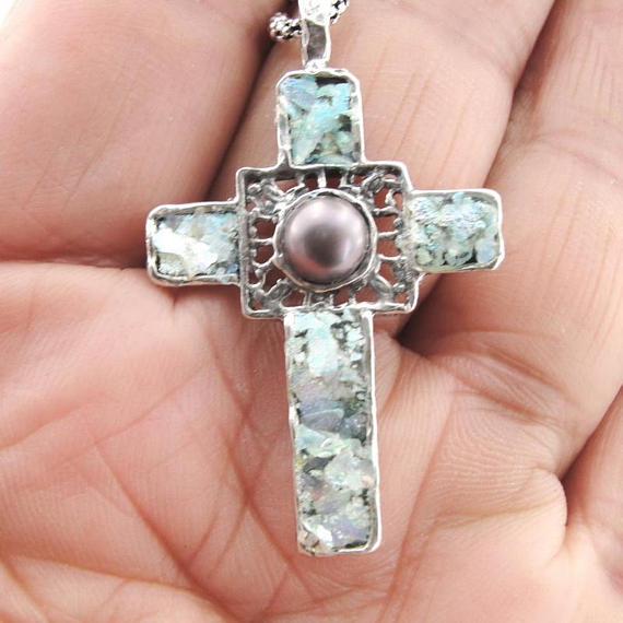 Hadar Designer NEW 925 Sterling Silver Pearl Roman Glass Cross Pendant