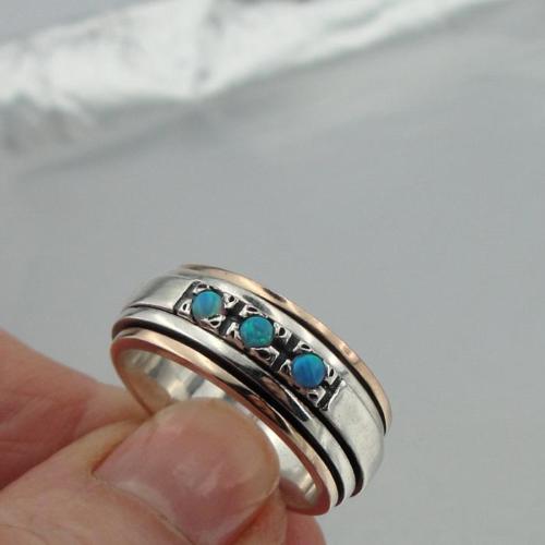 Hadar Designers Handmade Swivel 9k Rose Gold 925 Silver Opal Ring