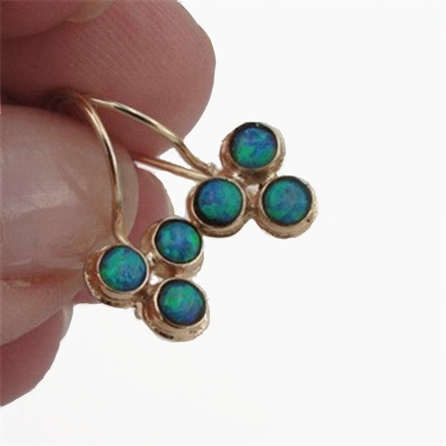 Solid Yellow Gold Dangle earrings decorated with 3 blue Mosaic Opal, flower aesthetic ring.