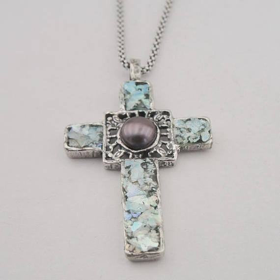 Hadar Designer NEW 925 Sterling Silver Pearl Roman Glass Cross Pendant