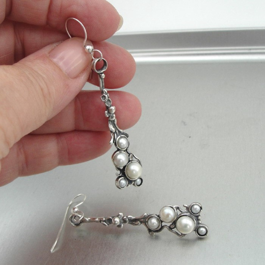 Hadar Jewelry Handmade Artistic Long Sterling Silver Pearl Earrings