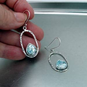 Hadar Designers 925 Sterling Silver Roman Glass Handmade Earrings