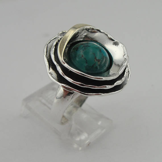 EILAT Ring, Hadar Jewelry Handcrafted Israel Art 925 Sterling Silver and 9K Yellow Gold eilat Ring, green eilat, Gift (ms 1283r