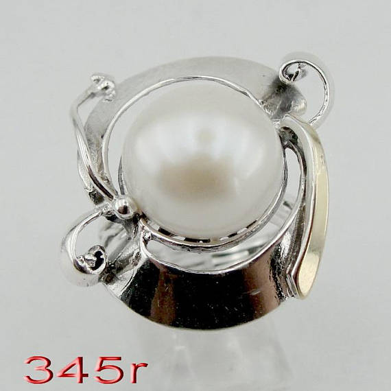 Great handcrafted Sterling Silverang gold 9K long Pearl ring, ,gift (ms 345r)