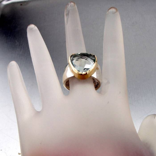 Green Amethyst Solid silver and 9k Gold Ring, Genuine triangle Natural Green Amethyst, chunky ring, wide sterling silver bang, Fine Jewelry, Israeli jewelry, Israeli design, Amethyst ring, silver and gold ring, wide ring, men ring, women ring, unisex