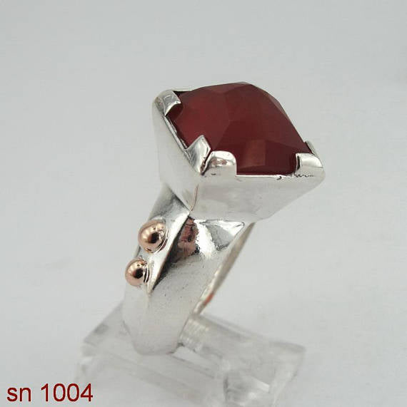 Israel handmade unique 925 Sterling Silver squer cornelian stone and Point 9k gold woman Ring size 8 (sn 1004)