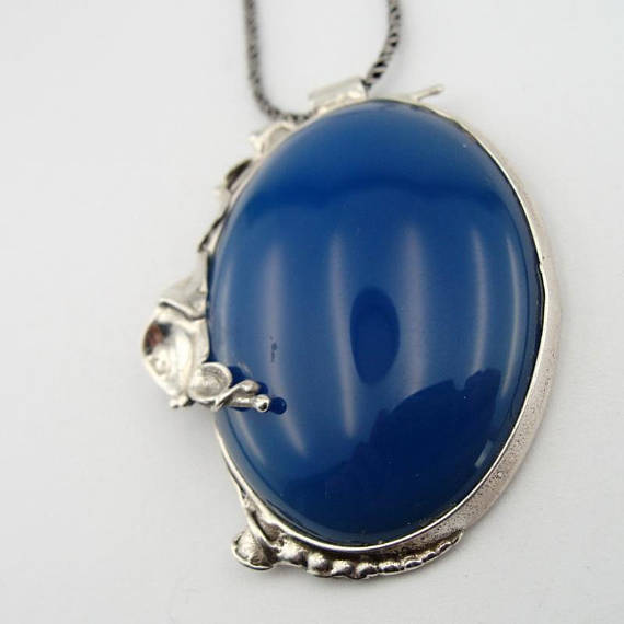 Blue Agate Pendant Handmade Large 925 Sterling Silver
