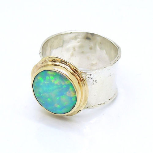 Hadar Designers Handmade 9k Yellow Gold 925 Silver Opal Ring