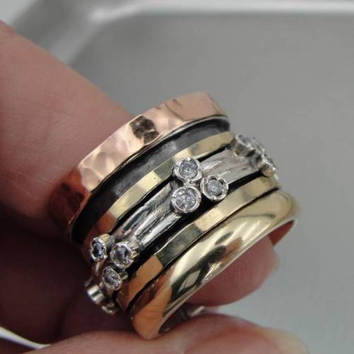 Hadar Designers Israel Swivel 9k Gold Sterling Silver Zircon Ring any sz (I r789