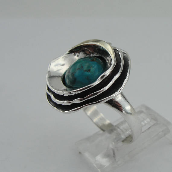 EILAT Ring, Hadar Jewelry Handcrafted Israel Art 925 Sterling Silver and 9K Yellow Gold eilat Ring, green eilat, Gift (ms 1283r
