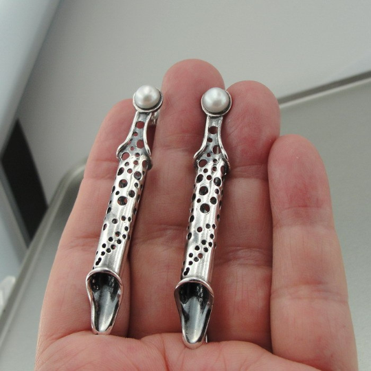 Hadar Designers 925 Sterling Silver Pearl Earrings Stud Handmade