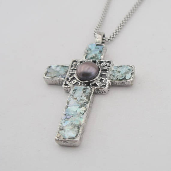 Hadar Designer NEW 925 Sterling Silver Pearl Roman Glass Cross Pendant