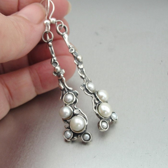Hadar Jewelry Handmade Artistic Long Sterling Silver Pearl Earrings