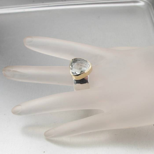 Green Amethyst Solid silver and 9k Gold Ring, Genuine triangle Natural Green Amethyst, chunky ring, wide sterling silver bang, Fine Jewelry, Israeli jewelry, Israeli design, Amethyst ring, silver and gold ring, wide ring, men ring, women ring, unisex