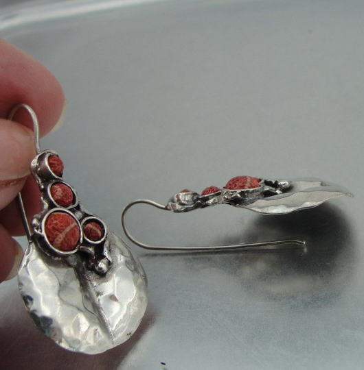 Hadar Jewelry Long Pomegranate Silver Earrings with Coral Gemstone