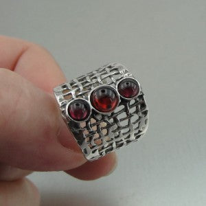 Hadar Designers Handmade 925 Sterling Silver Red Garnet Ring Chunky Rings Made in Israel