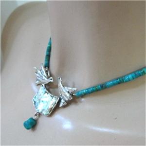 Hadar Designer Handmade Sterling Silver Roman Glass Turquoise Bird Necklace