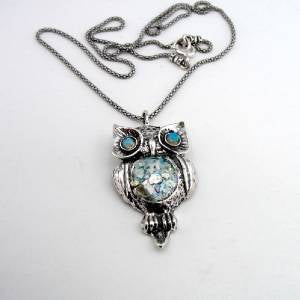 Hadar Designers Handmade Sterling Silver Roman Glass Opal Owl Pendant Gift for Her