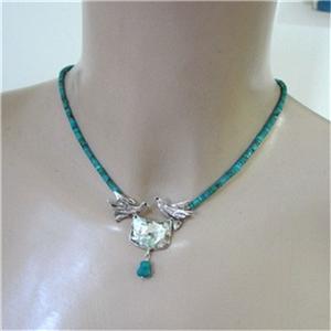 Hadar Designer Handmade Sterling Silver Roman Glass Turquoise Bird Necklace