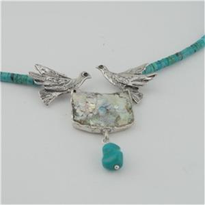 Hadar Designer Handmade Sterling Silver Roman Glass Turquoise Bird Necklace