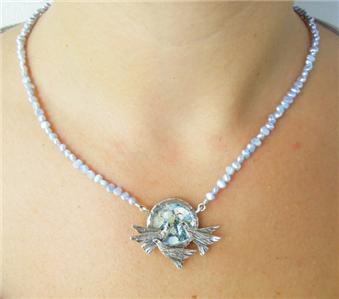 Israel Handmade 925 Silver Bird Roman Glass Pearl Necklace