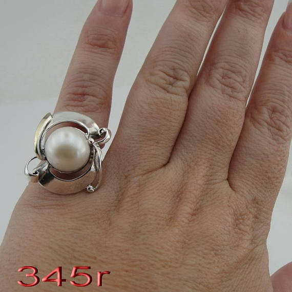 Great handcrafted Sterling Silverang gold 9K long Pearl ring, ,gift (ms 345r)